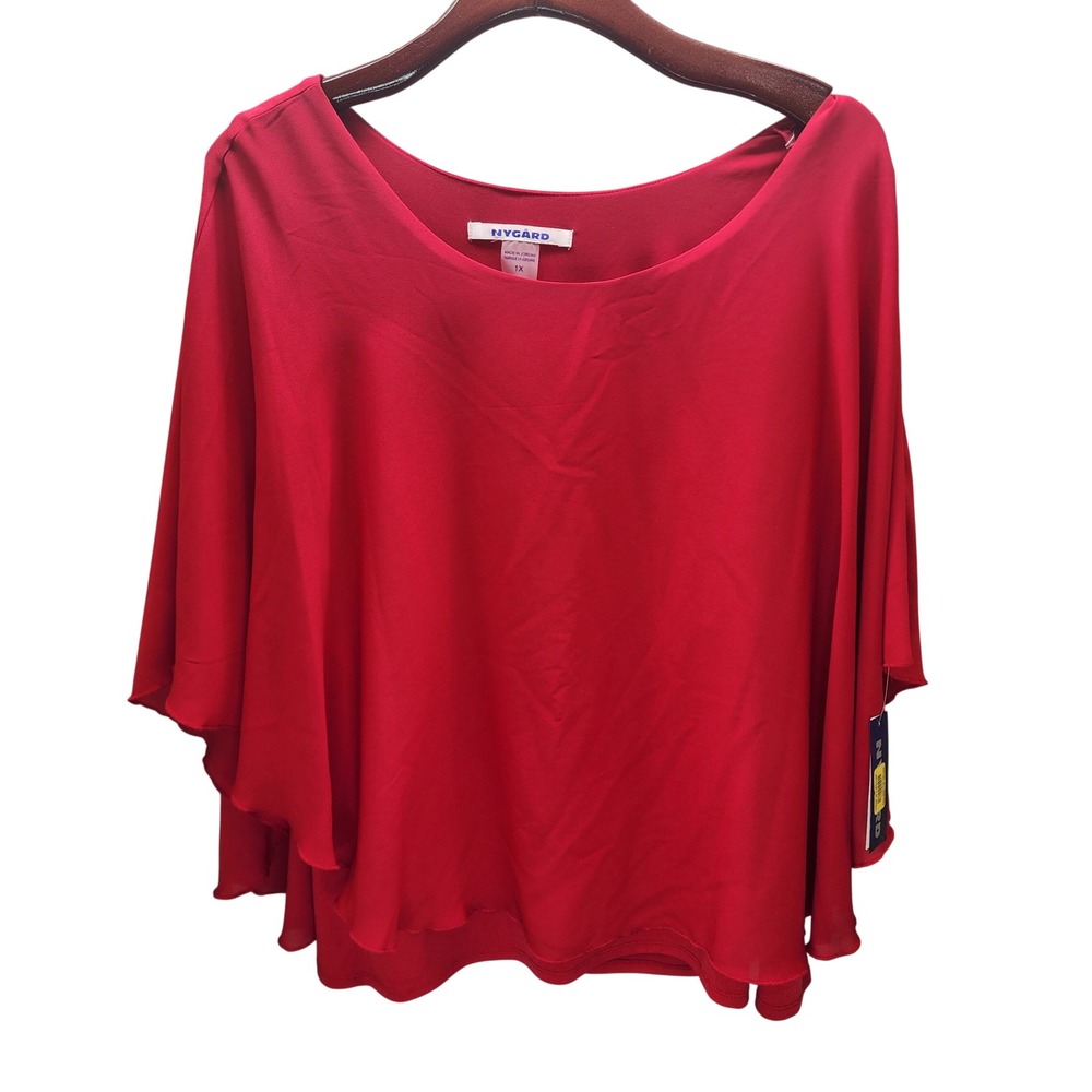 Nygard Red Poncho Style Chiffon Overlay Blouse Plus Size 1X Scoop Neck Top NWT